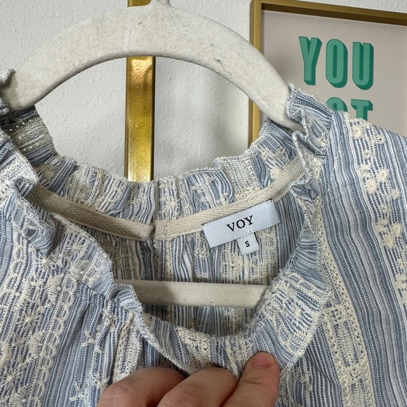 VOY Blue and White Striped RUFFLE BLOUSE - Picture 3 of 6